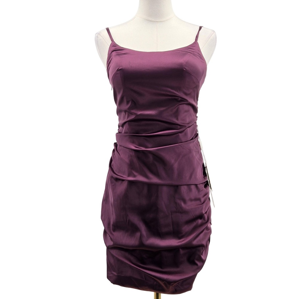STACEES Dress Womens 4 Purple Slip Dress Short Satin Ruched Wedding Party